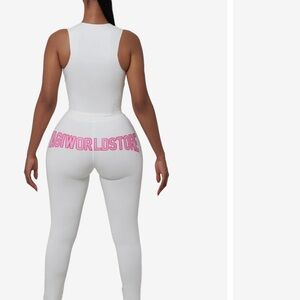 Yagi world store White High-Waist Women's two piece set  with Pink Back Logo